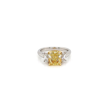 3.61 Total Carat Fancy Yellow Diamond Three-Stone Ladies Engagement Ring, GIA Certified