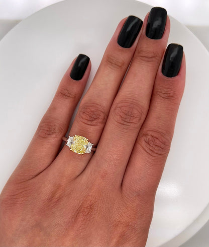3.61 Total Carat Fancy Yellow Diamond Three-Stone Ladies Engagement Ring, GIA Certified