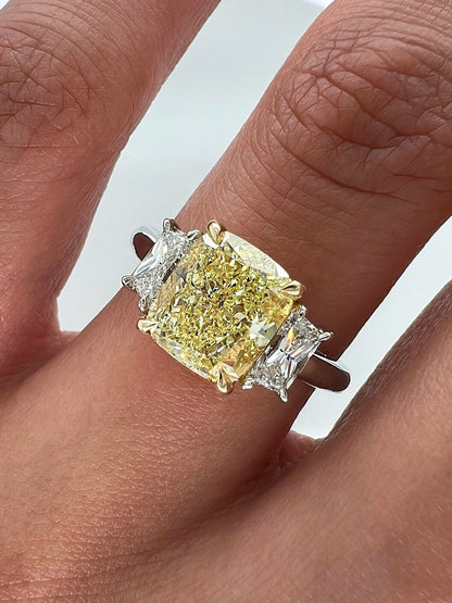 3.61 Total Carat Fancy Yellow Diamond Three-Stone Ladies Engagement Ring, GIA Certified