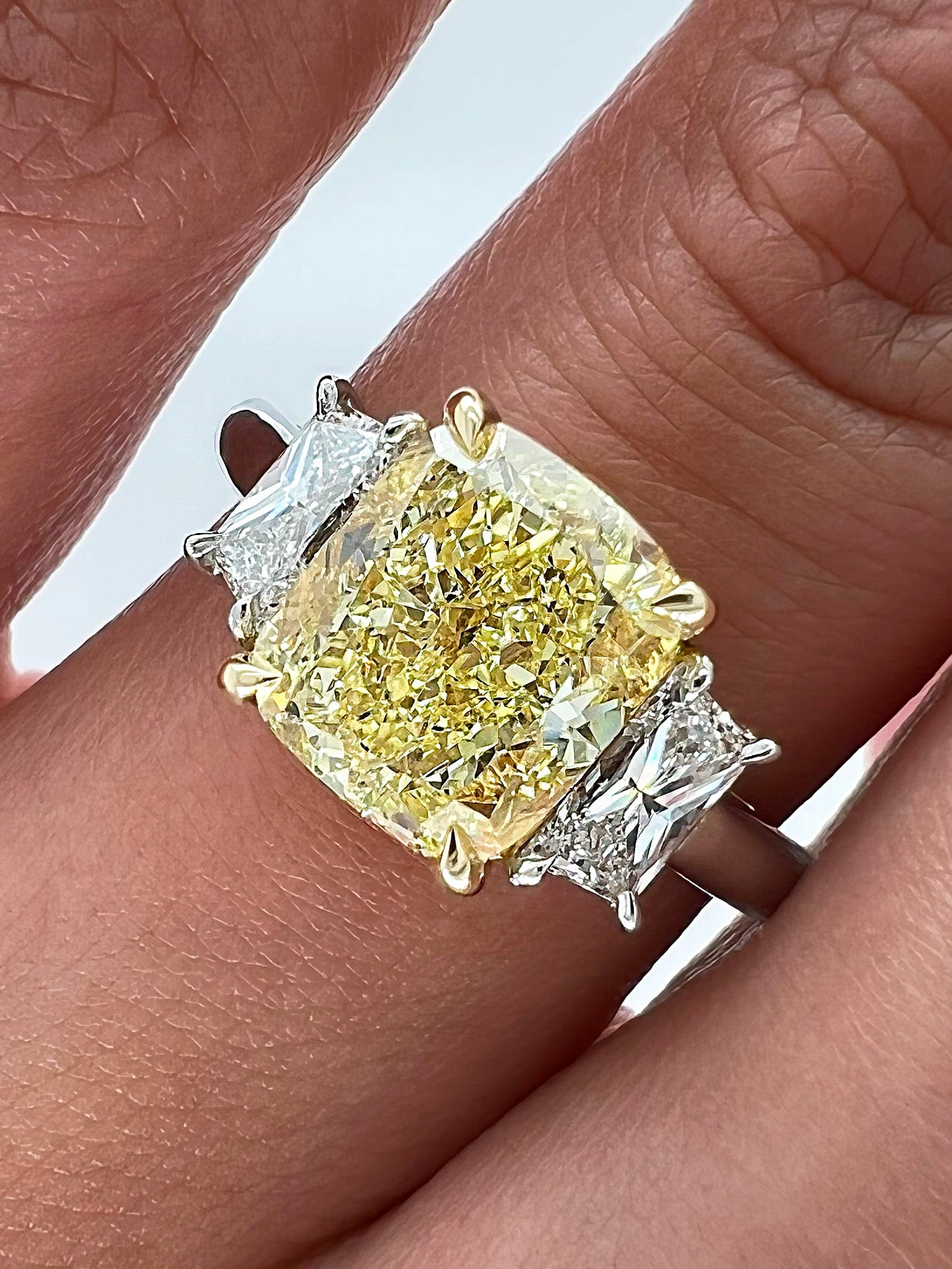 3.61 Total Carat Fancy Yellow Diamond Three-Stone Ladies Engagement Ring, GIA Certified