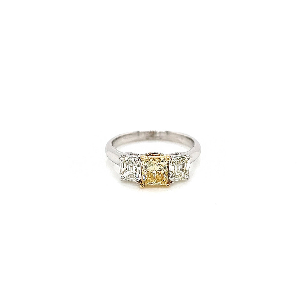 1.94 Total Carat Fancy Yellow Diamond Three Stone Ladies Engagement Ring. GIA Certified.