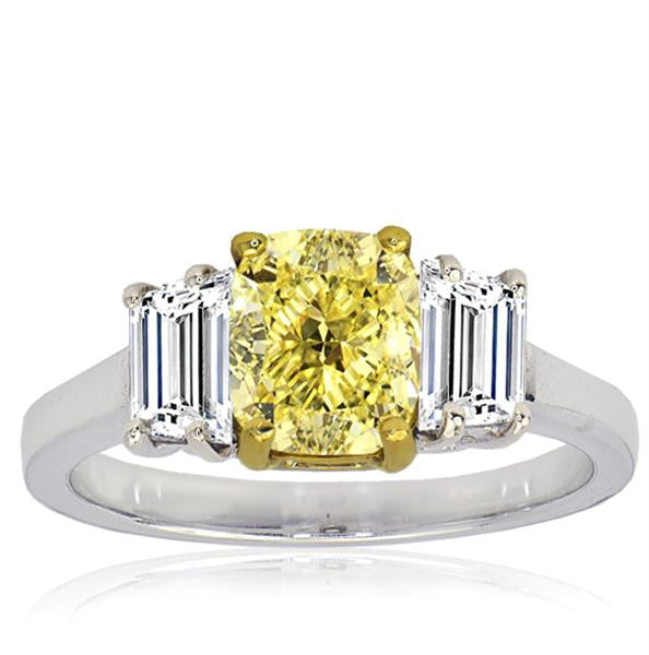 2.15 Total Carat Yellow Diamond Three Stone Ladies Ring. GIA Certified.
