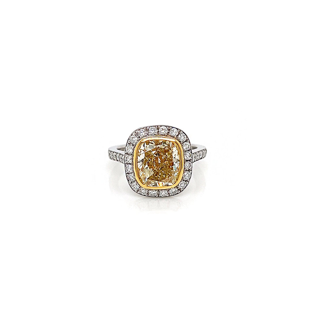 4.31 Total Carat Fancy Yellow Diamond Ladies Halo Pave-Set Engagement Ring. GIA Certified.
