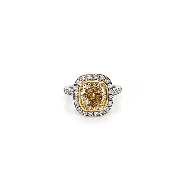 4.31 Total Carat Fancy Yellow Diamond Ladies Halo Pave-Set Engagement Ring. GIA Certified.