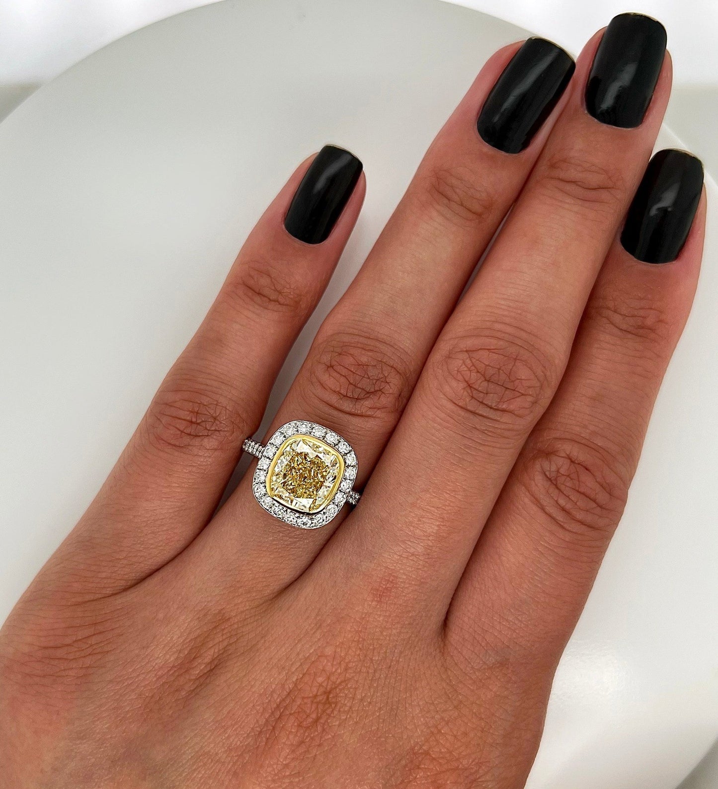 4.31 Total Carat Fancy Yellow Diamond Ladies Halo Pave-Set Engagement Ring. GIA Certified.