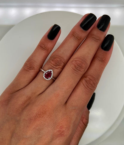 1.14 Total Carat Pear Cut Ruby Diamond Engagement Ring