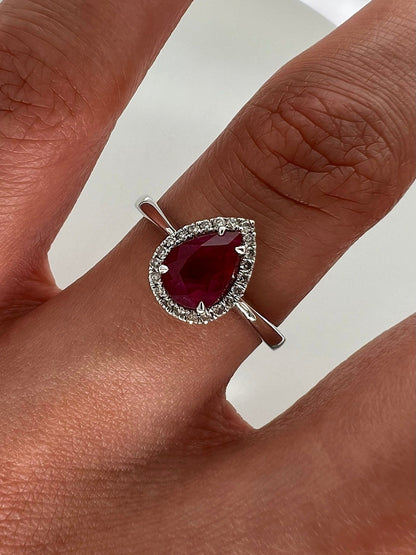 1.14 Total Carat Pear Cut Ruby Diamond Engagement Ring