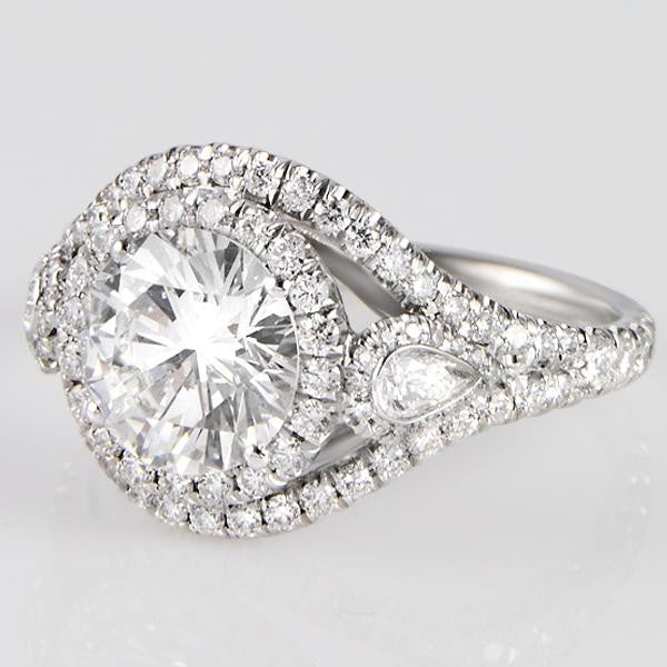 3.07 Total Carat Double Halo Pave Three-Stone Diamond Engagement Ring
