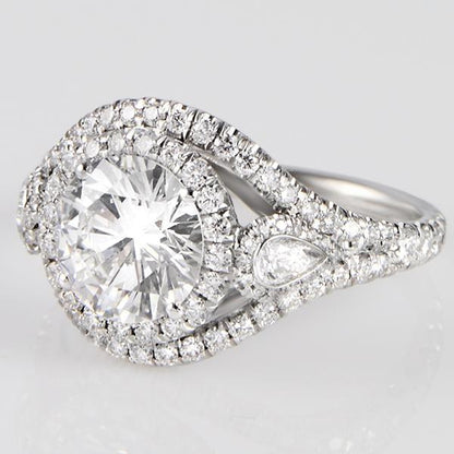 3.07 Total Carat Double Halo Pave Three-Stone Diamond Engagement Ring