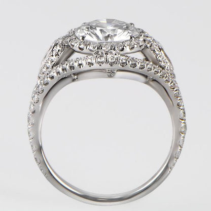 3.07 Total Carat Double Halo Pave Three-Stone Diamond Engagement Ring