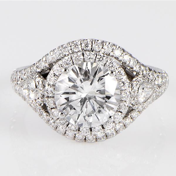 3.07 Total Carat Double Halo Pave Three-Stone Diamond Engagement Ring