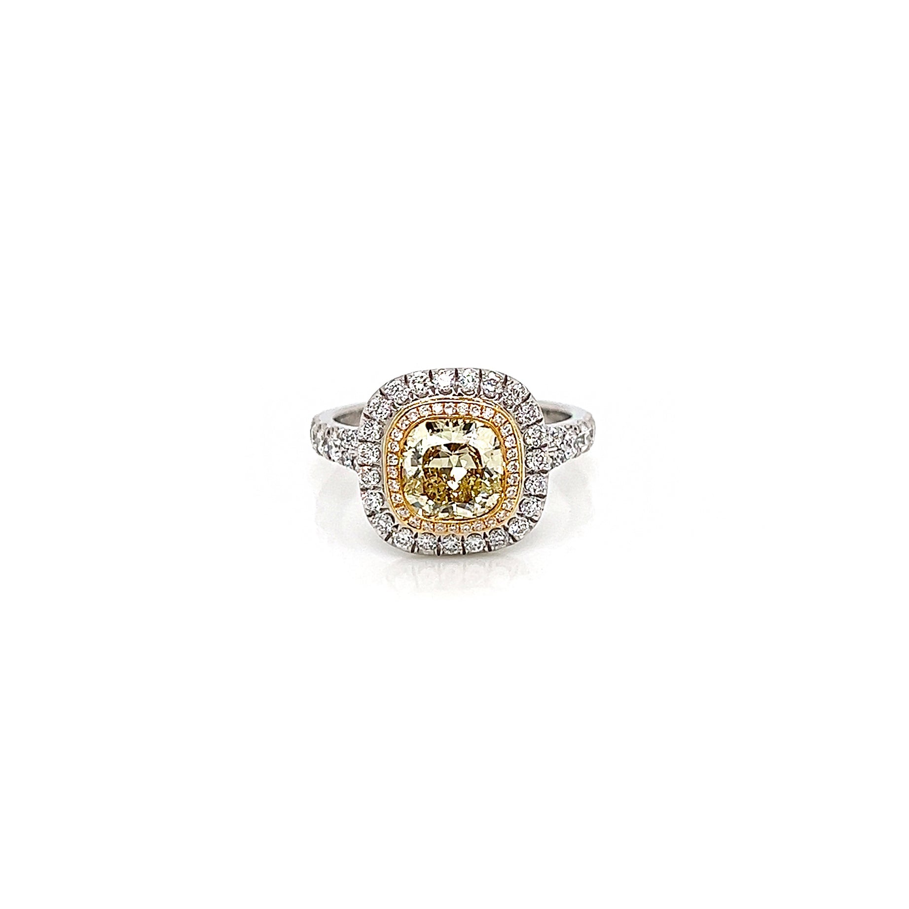 2.22 Total Carat Fancy Yellow Diamond Double Halo Pave-Set Ladies Engagement Ring, GIA Certified