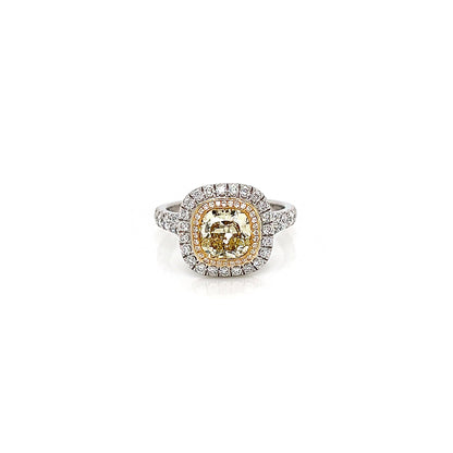 2.22 Total Carat Fancy Yellow Diamond Double Halo Pave-Set Ladies Engagement Ring, GIA Certified