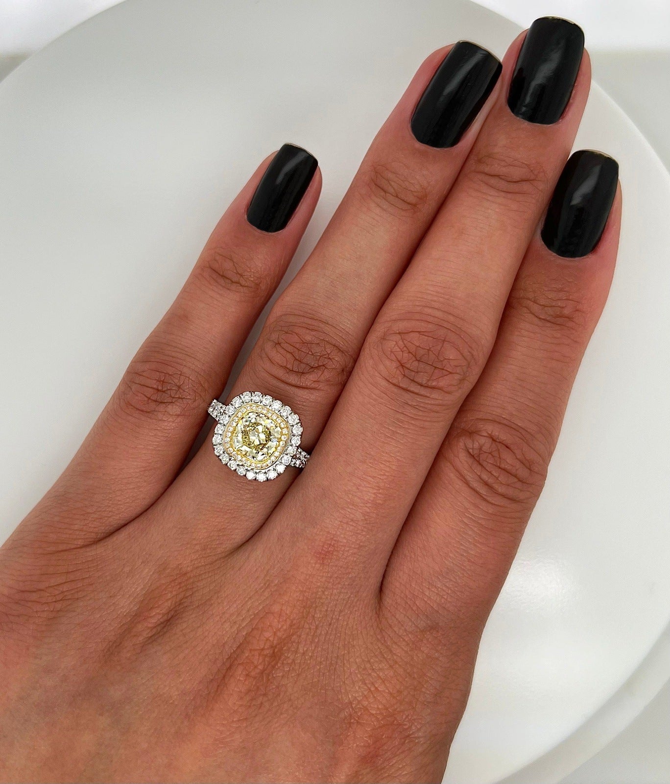 2.22 Total Carat Fancy Yellow Diamond Double Halo Pave-Set Ladies Engagement Ring, GIA Certified