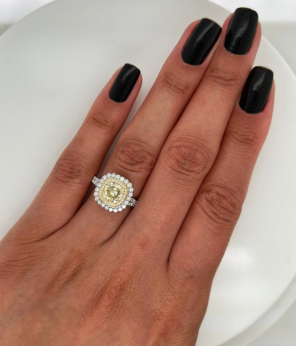 2.22 Total Carat Fancy Yellow Diamond Double Halo Pave-Set Ladies Engagement Ring, GIA Certified