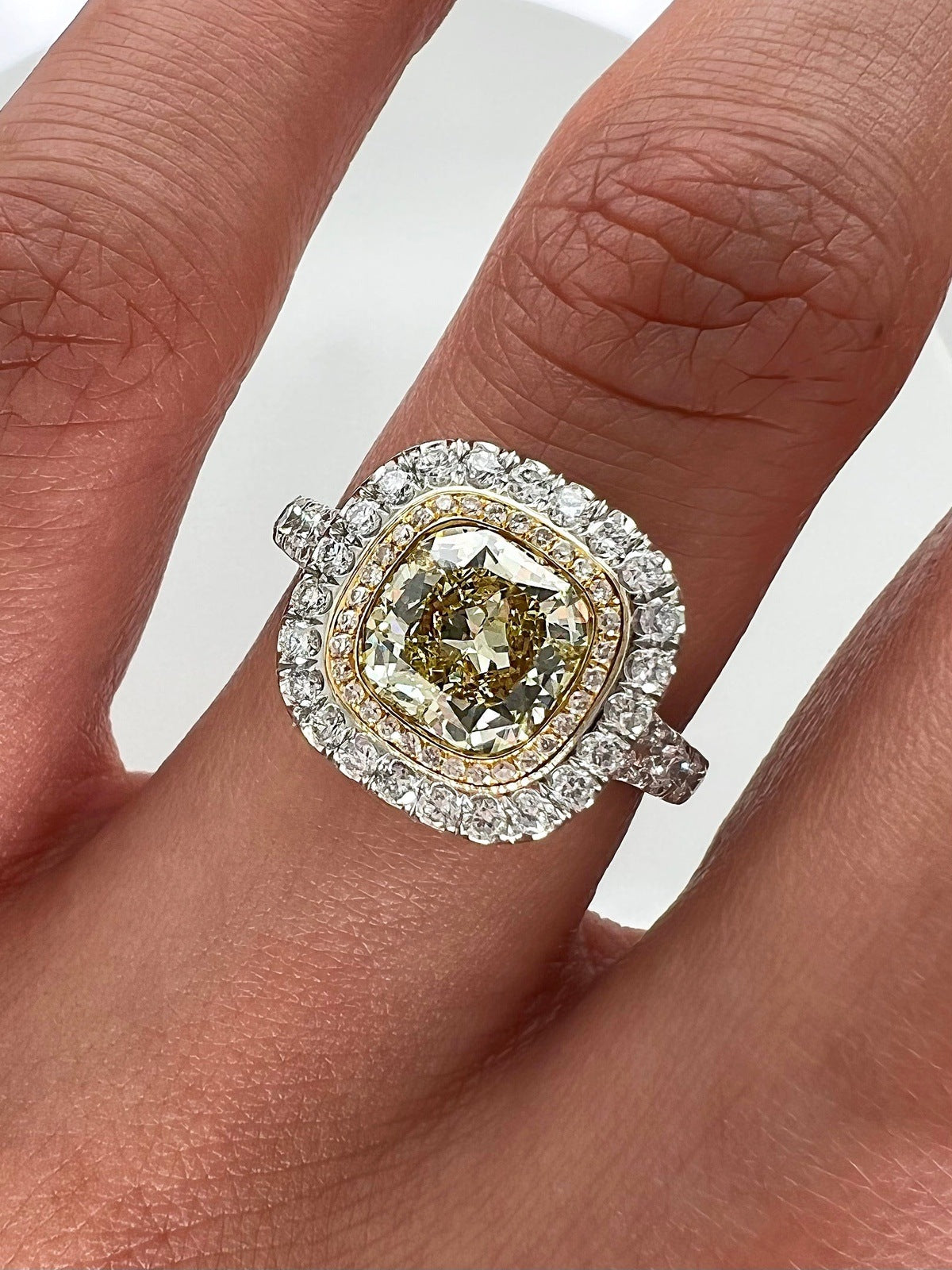 2.22 Total Carat Fancy Yellow Diamond Double Halo Pave-Set Ladies Engagement Ring, GIA Certified