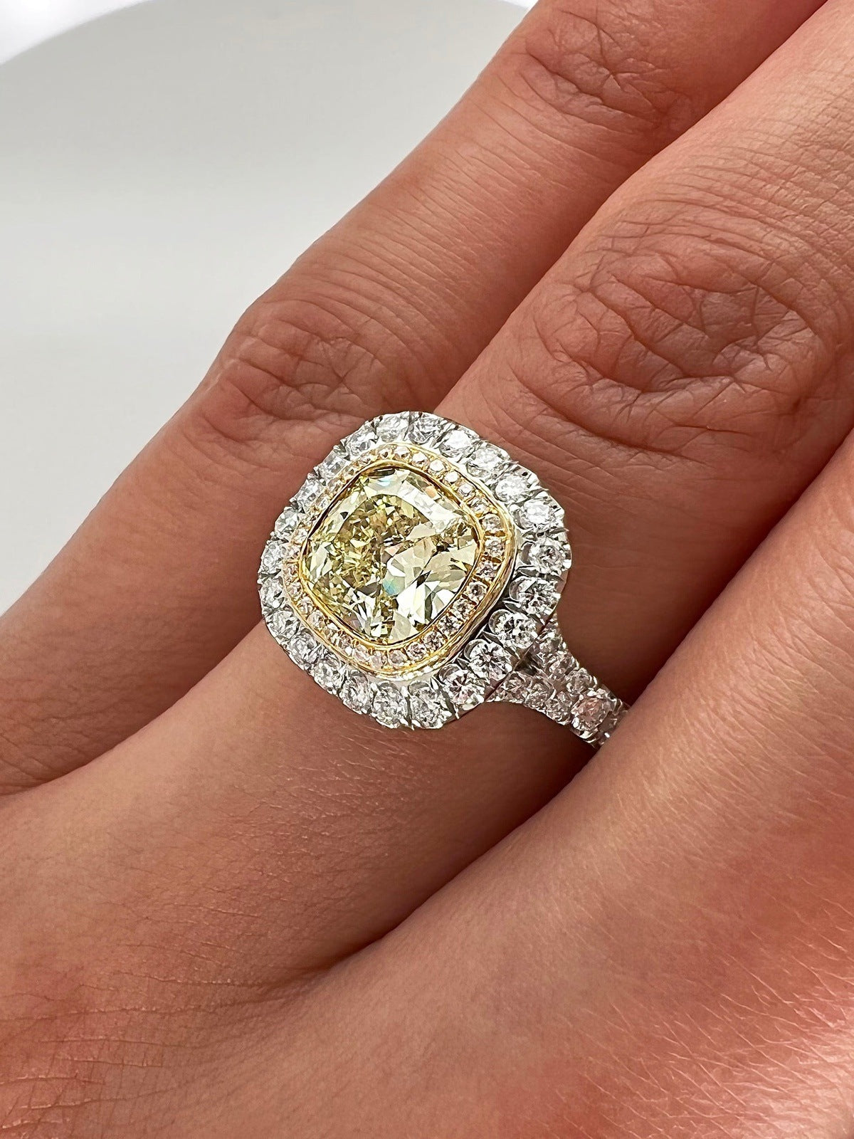 2.22 Total Carat Fancy Yellow Diamond Double Halo Pave-Set Ladies Engagement Ring, GIA Certified