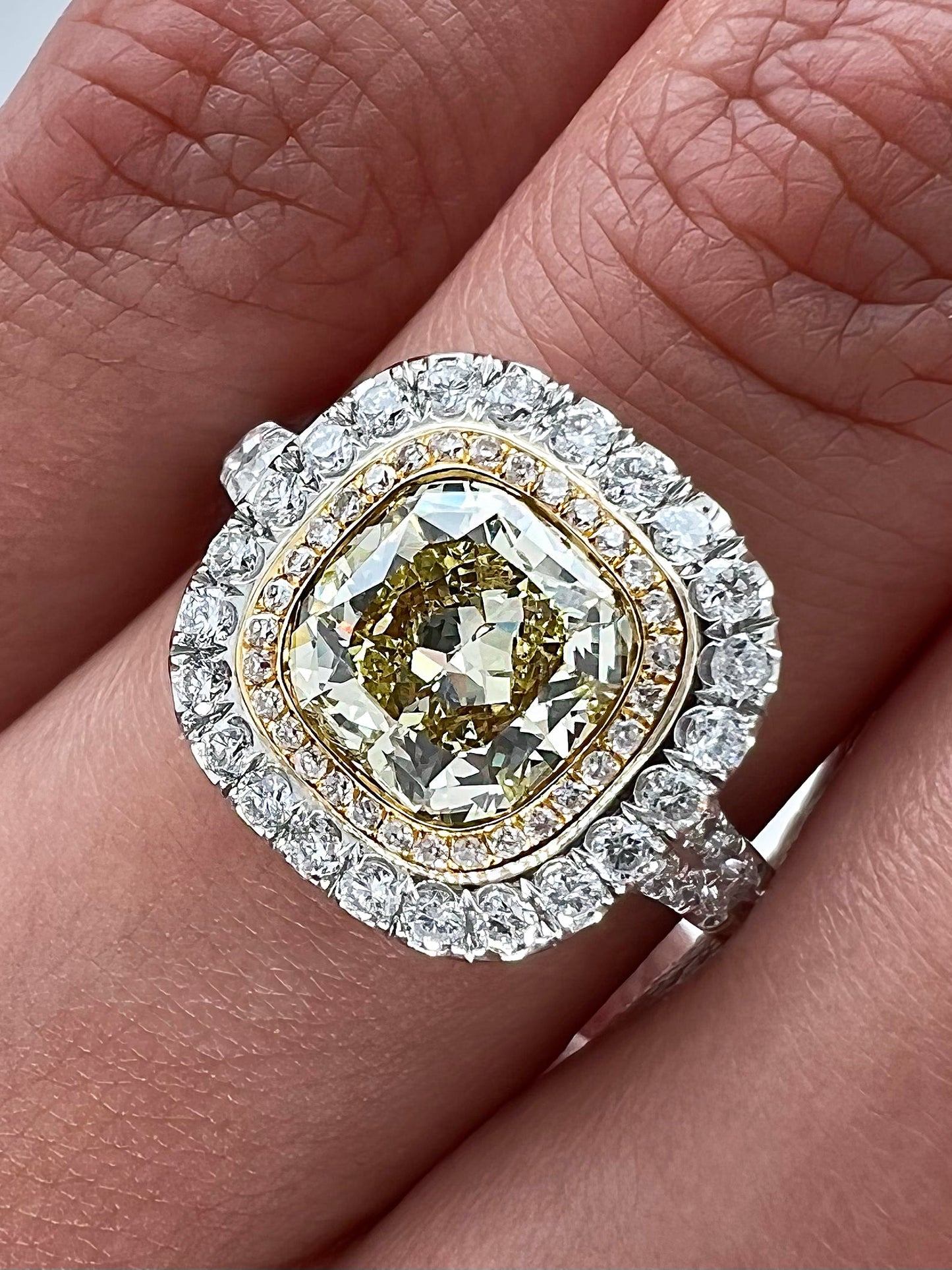 2.22 Total Carat Fancy Yellow Diamond Double Halo Pave-Set Ladies Engagement Ring, GIA Certified