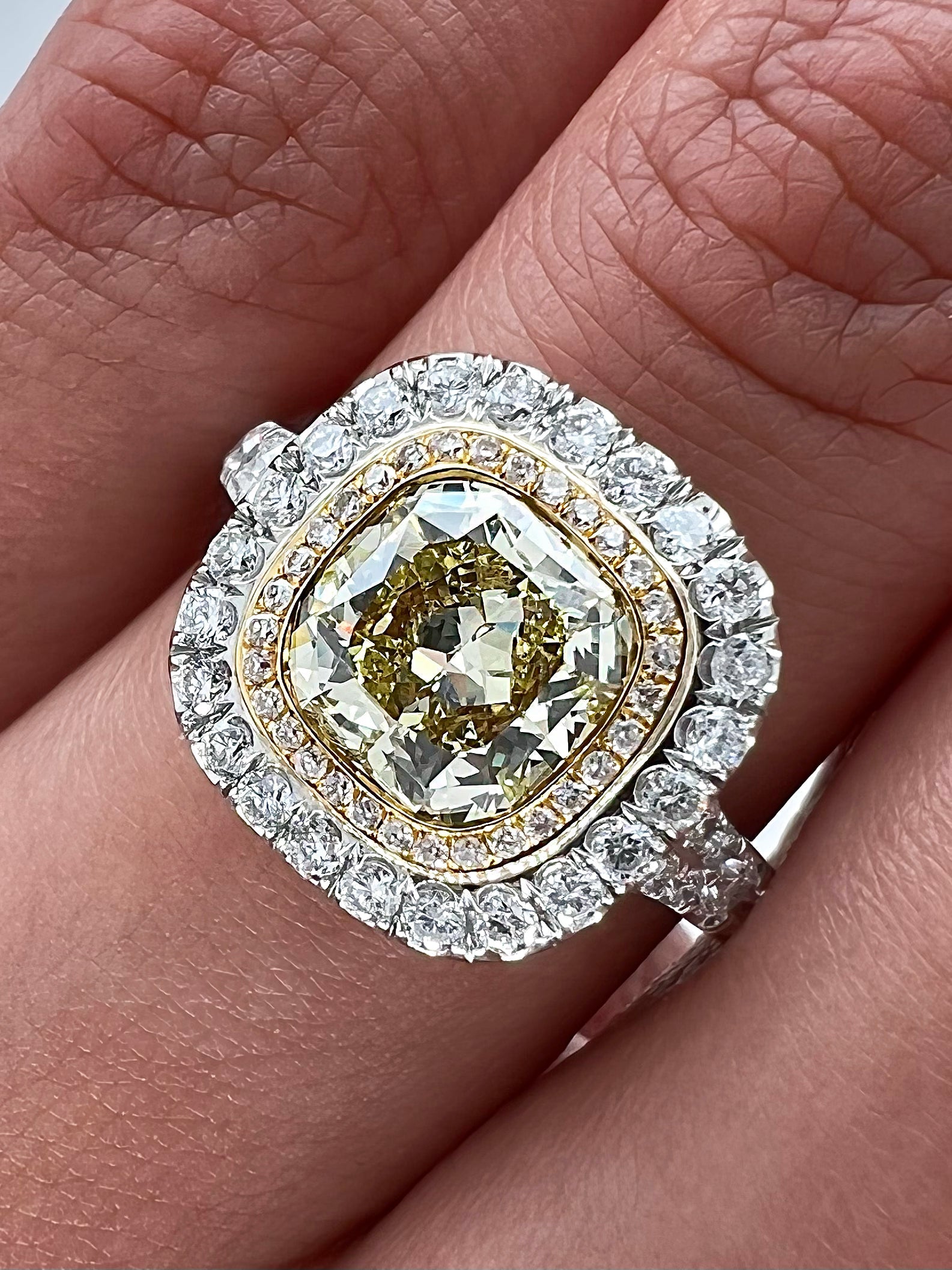2.22 Total Carat Fancy Yellow Diamond Double Halo Pave-Set Ladies Engagement Ring, GIA Certified