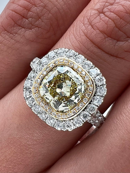 2.22 Total Carat Fancy Yellow Diamond Double Halo Pave-Set Ladies Engagement Ring, GIA Certified
