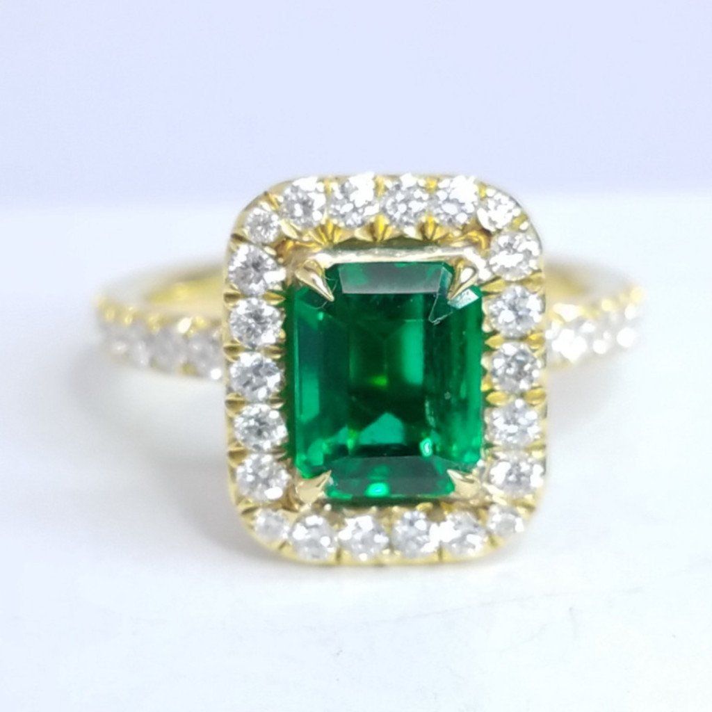 2.73 Total Carat Emerald and Diamond Halo Ladies Engagement Ring GIA