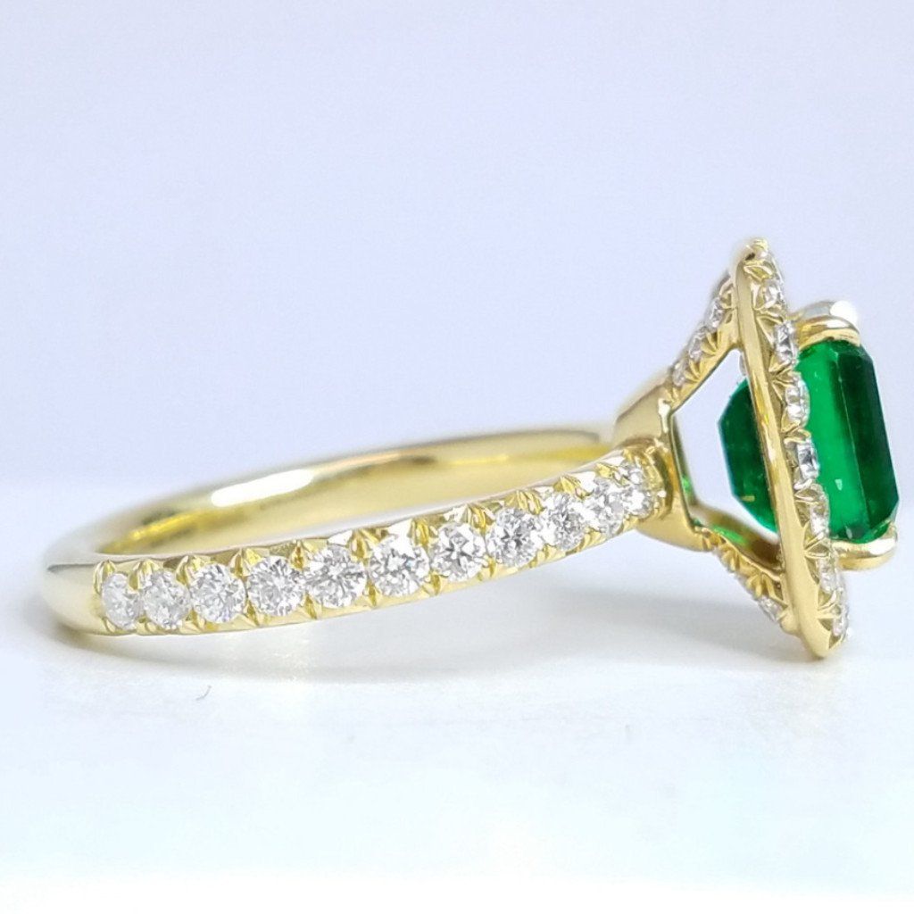 2.73 Total Carat Emerald and Diamond Halo Ladies Engagement Ring GIA