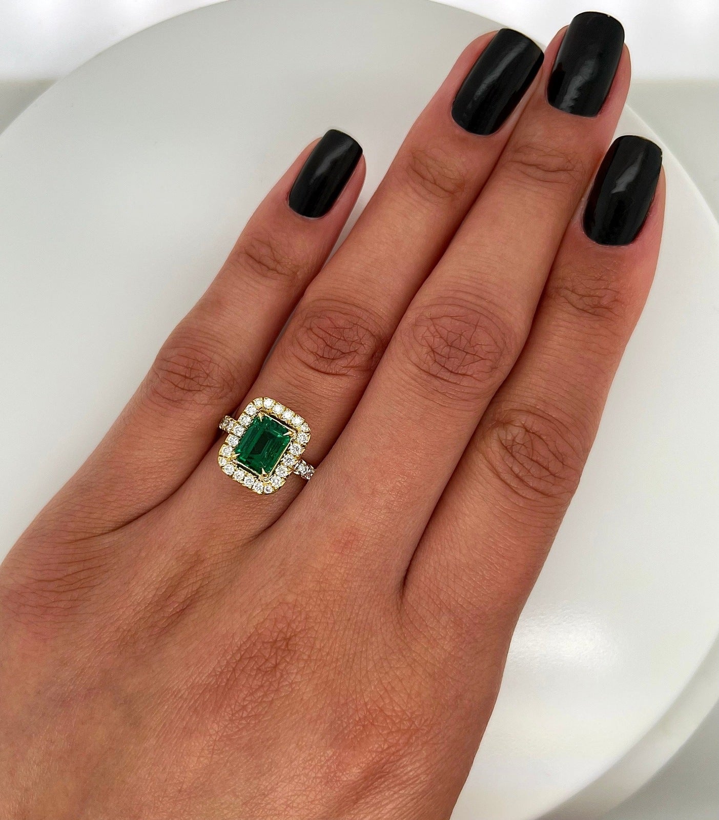 2.73 Total Carat Emerald and Diamond Halo Ladies Engagement Ring GIA