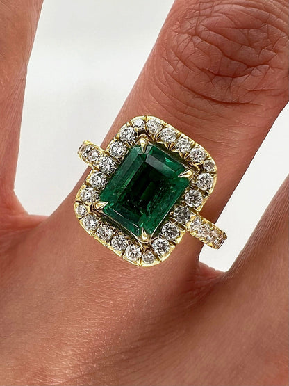 2.73 Total Carat Emerald and Diamond Halo Ladies Engagement Ring GIA