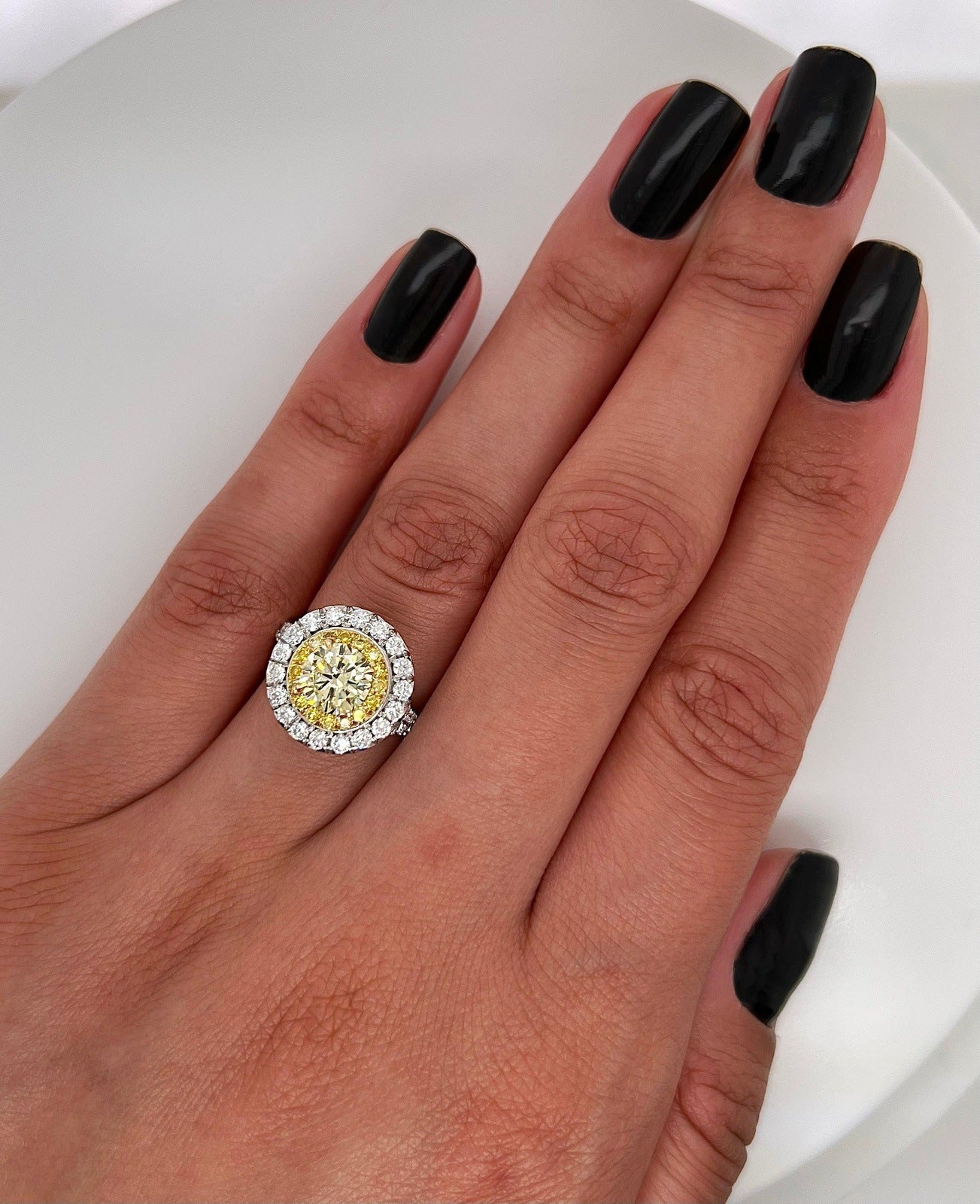 2.04 Total Carat Fancy Yellow Diamond Ladies Engagement Ring. GIA Certified.