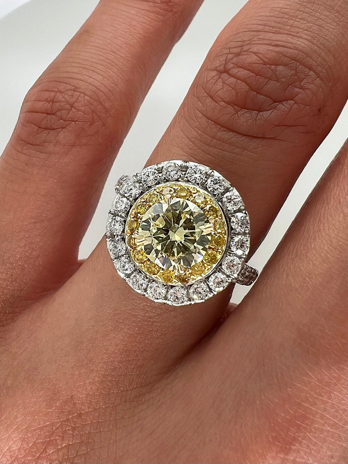 2.04 Total Carat Fancy Yellow Diamond Ladies Engagement Ring. GIA Certified.