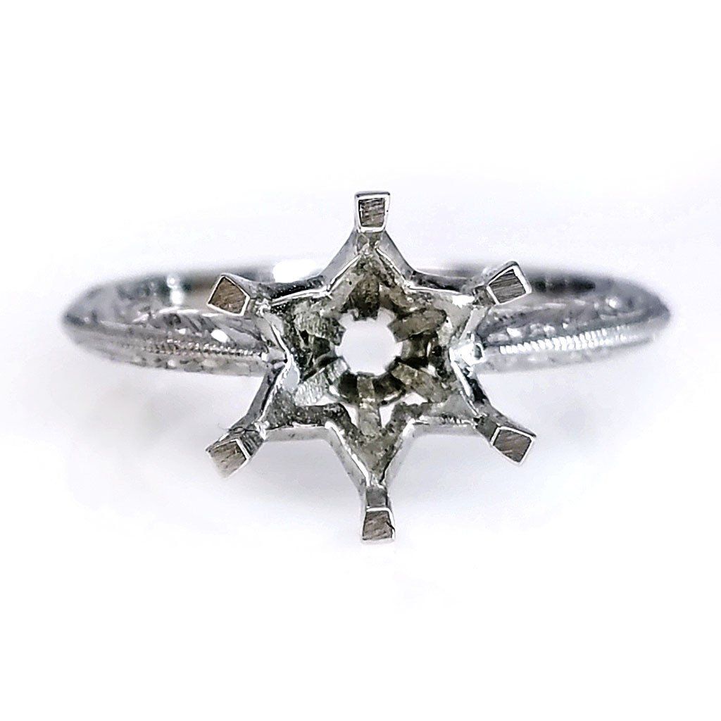 "ENGR02580" Six Prong Hand Engraved Diamond Engagement Ring Setting