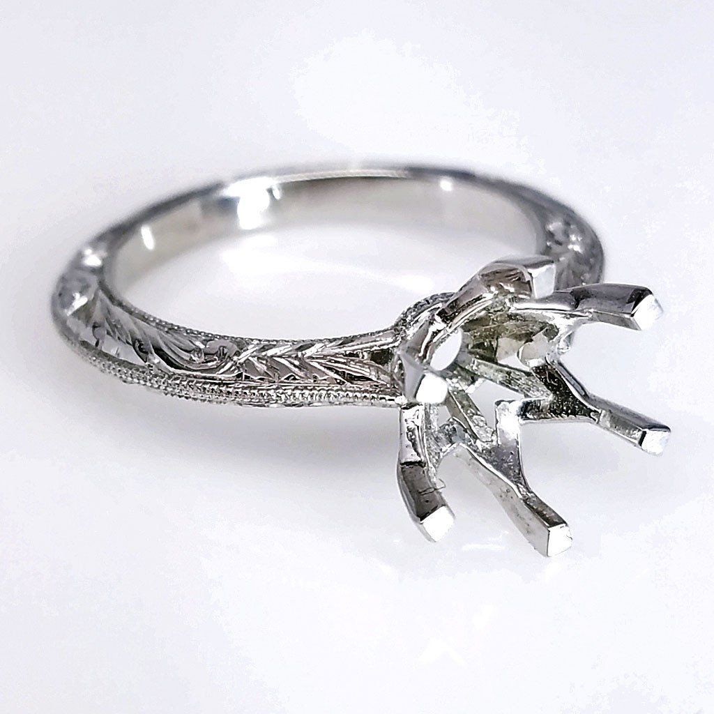 "ENGR02580" Six Prong Hand Engraved Diamond Engagement Ring Setting