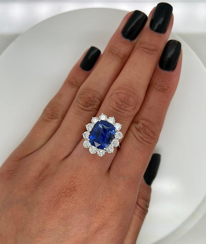 10.09 Total Carat Sapphire and Diamond Halo Ladies Engagement Ring GIA