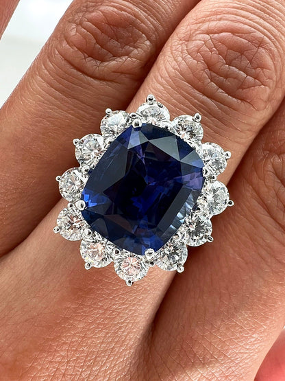 10.09 Total Carat Sapphire and Diamond Halo Ladies Engagement Ring GIA