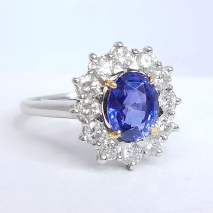 2.76 Total Carat Sapphire and Diamond Halo Ladies Engagement Ring GIA