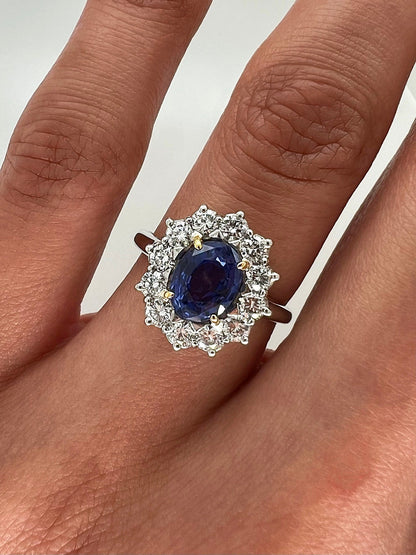 2.76 Total Carat Sapphire and Diamond Halo Ladies Engagement Ring GIA