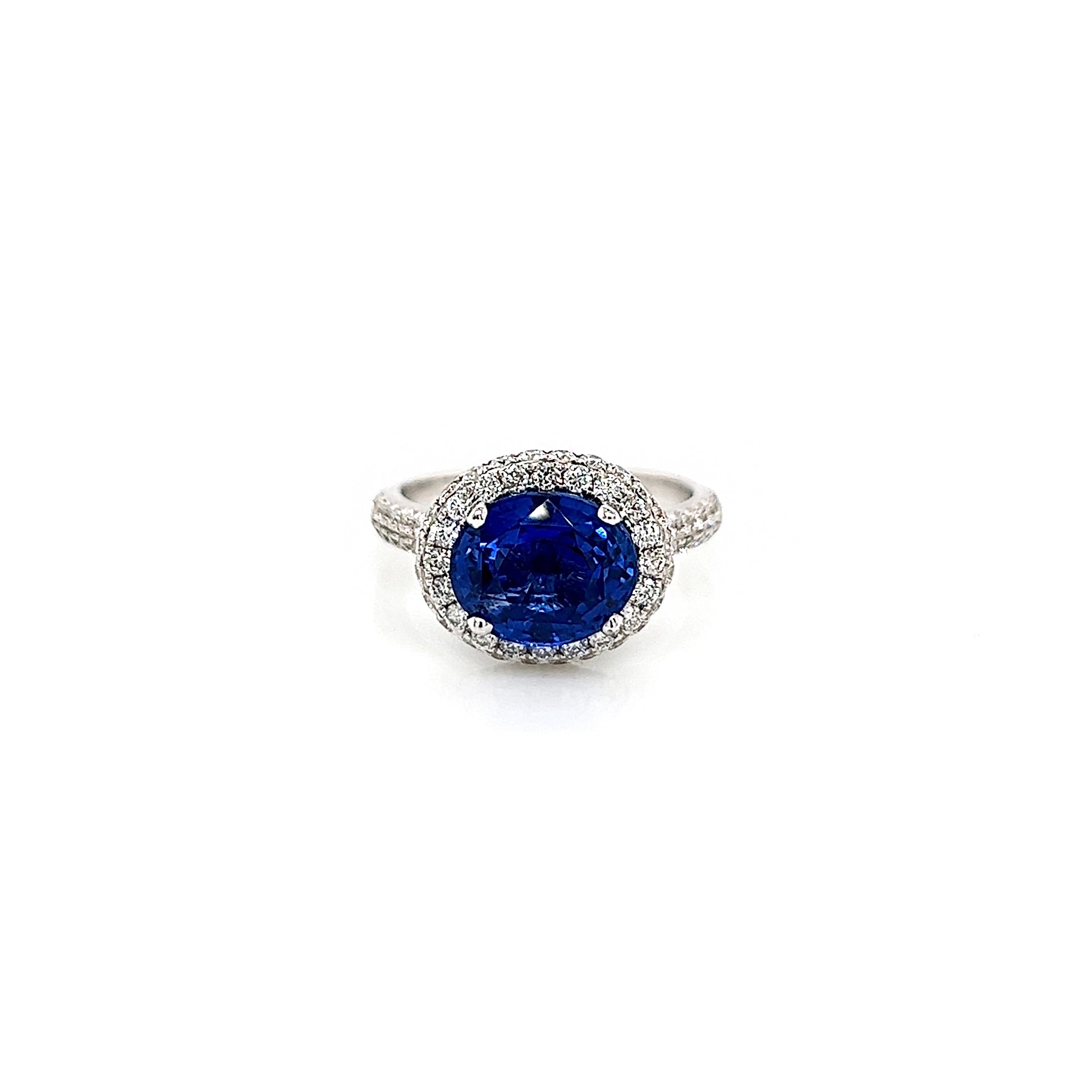 4.40 Total Carat Sapphire and Diamond Halo Pave-Set Ladies Engagement Ring. GIA Certified.
