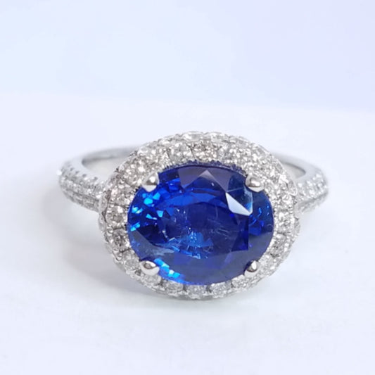4.40 Total Carat Sapphire and Diamond Halo Pave-Set Ladies Engagement Ring. GIA Certified.