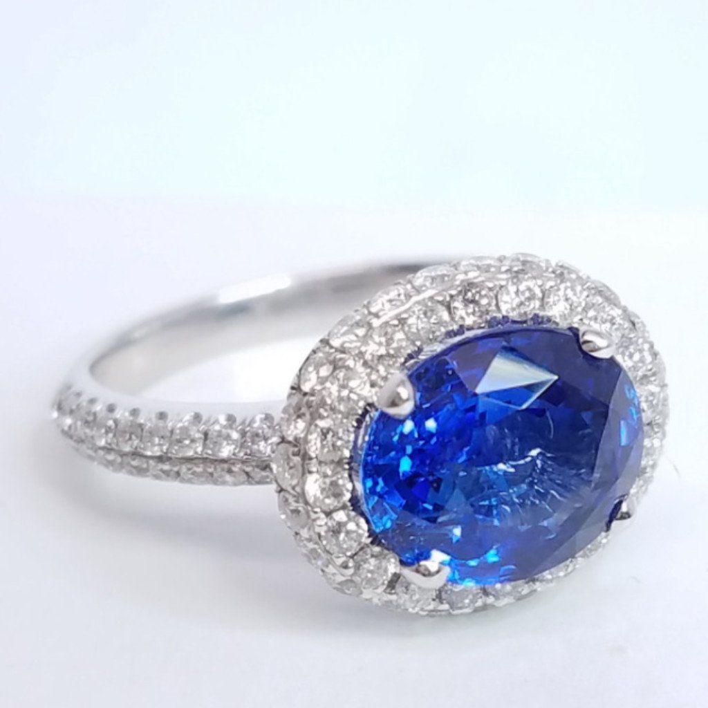 4.40 Total Carat Sapphire and Diamond Halo Pave-Set Ladies Engagement Ring. GIA Certified.