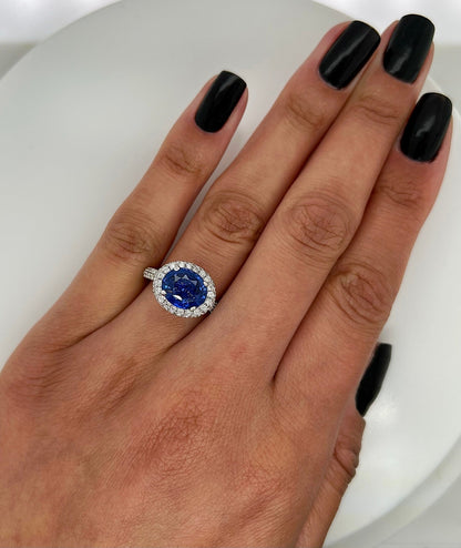 4.40 Total Carat Sapphire and Diamond Halo Pave-Set Ladies Engagement Ring. GIA Certified.