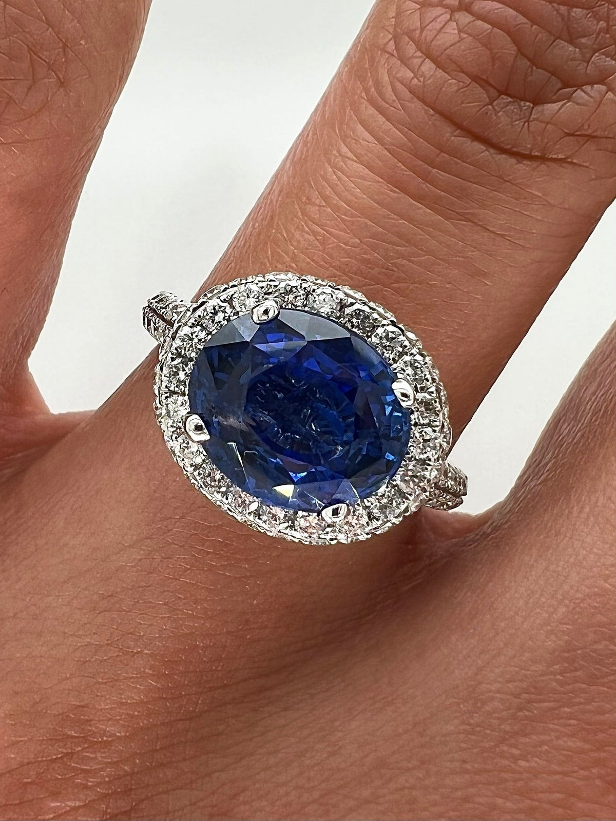 4.40 Total Carat Sapphire and Diamond Halo Pave-Set Ladies Engagement Ring. GIA Certified.