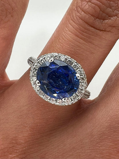 4.40 Total Carat Sapphire and Diamond Halo Pave-Set Ladies Engagement Ring. GIA Certified.
