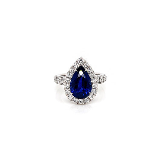 5.96 Total Carat Sapphire and Diamond Halo Pave-Set Ladies Engagement Ring GIA