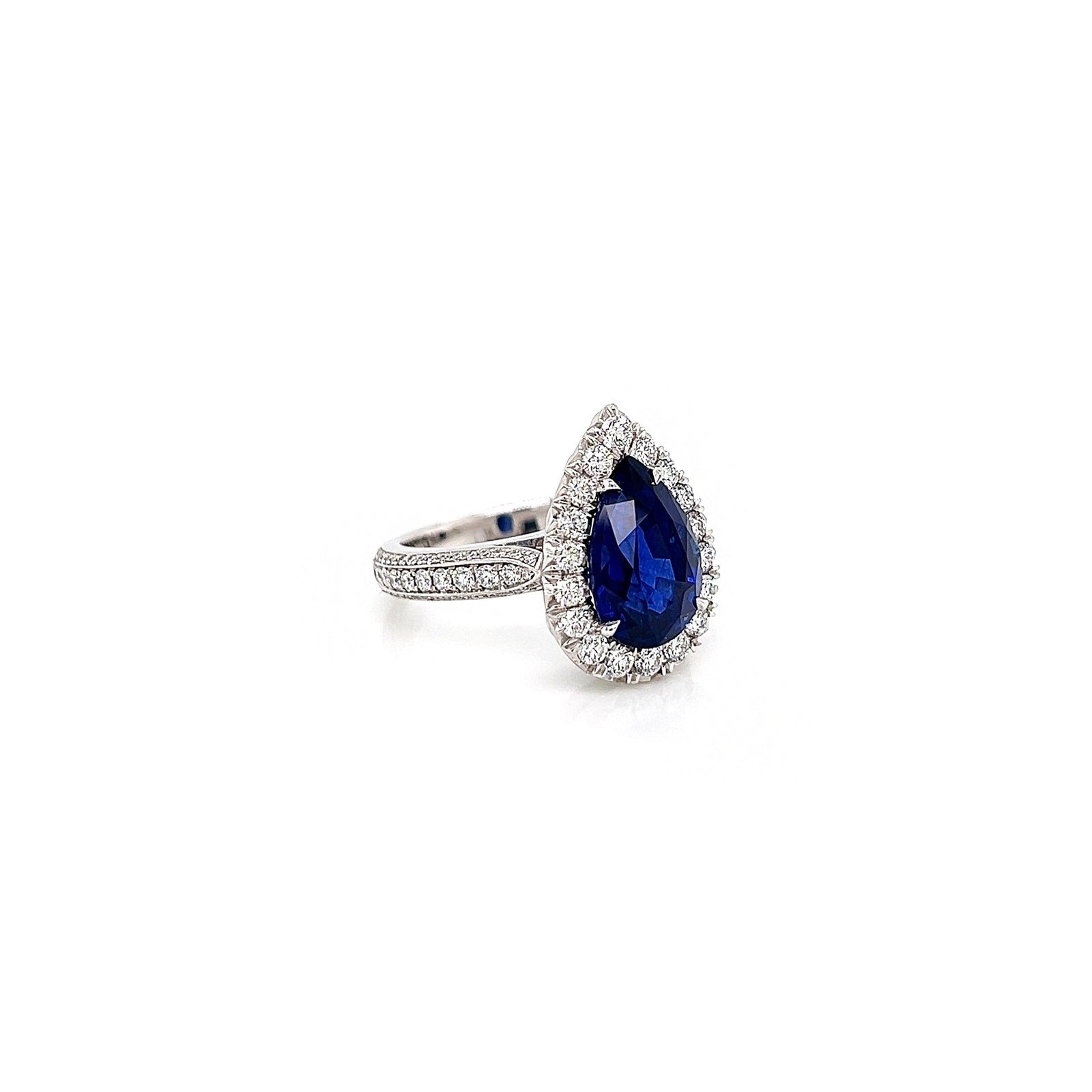 5.96 Total Carat Sapphire and Diamond Halo Pave-Set Ladies Engagement Ring GIA
