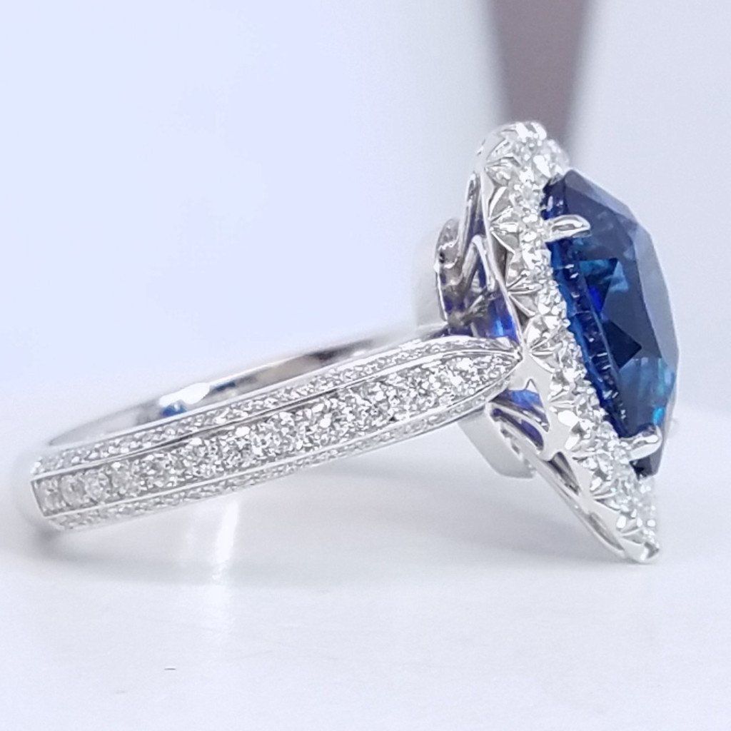 5.96 Total Carat Sapphire and Diamond Halo Pave-Set Ladies Engagement Ring GIA