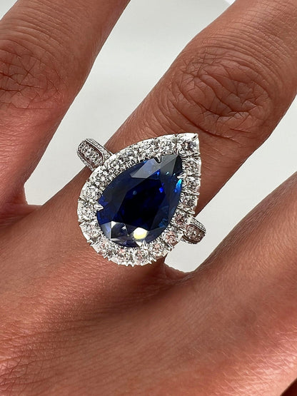5.96 Total Carat Sapphire and Diamond Halo Pave-Set Ladies Engagement Ring GIA