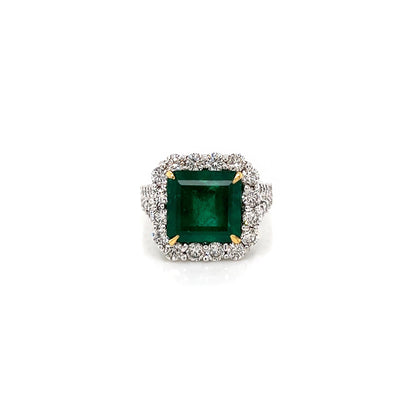 5.95 Total Carat Green Emerald Diamond Halo Ladies Ring
