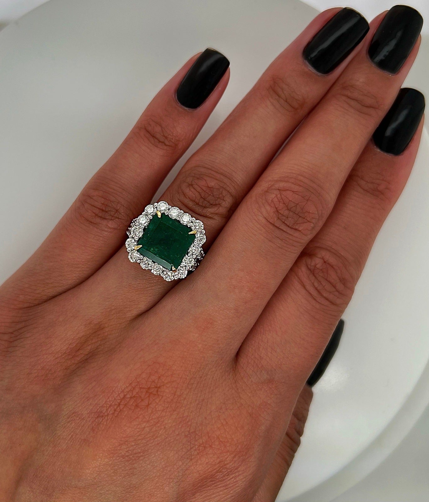 5.95 Total Carat Green Emerald Diamond Halo Ladies Ring