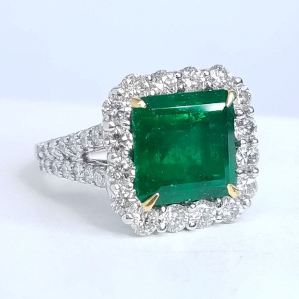 5.95 Total Carat Green Emerald Diamond Halo Ladies Ring