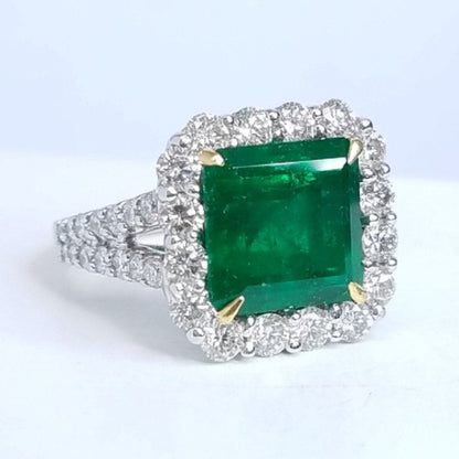 5.95 Total Carat Green Emerald Diamond Halo Ladies Ring